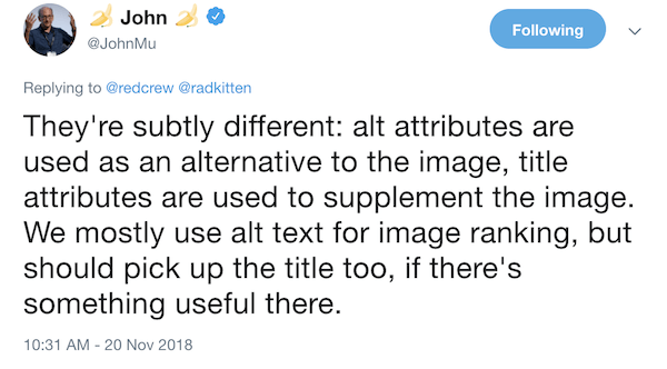 Importance of image title attribute in SEO John Mueller says image title attribute still carries SEO value