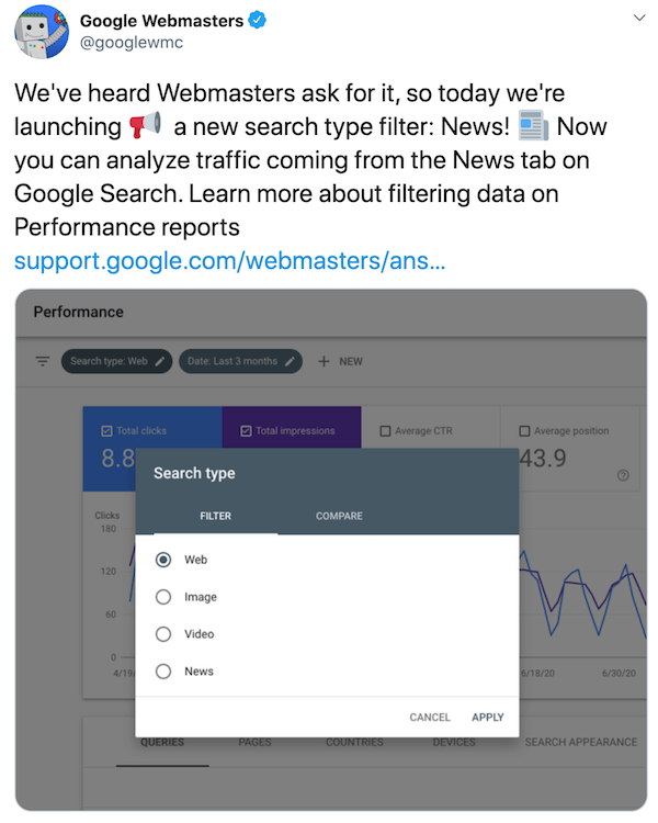 Google Search Console allows filtering traffic from News search tab