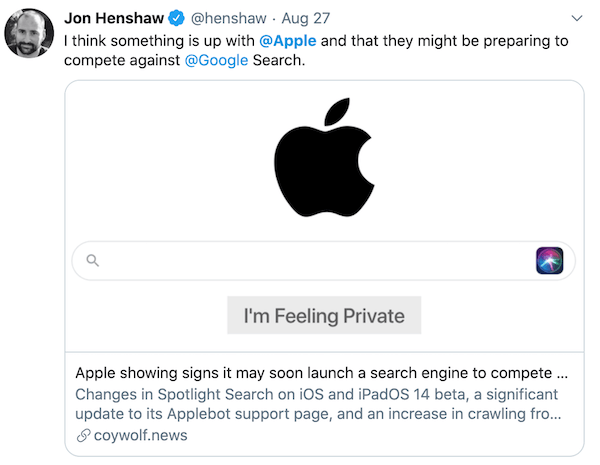 Jon Henshaw thinks Apple is about to launch their own search engine