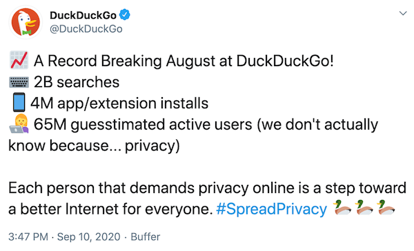 DuckDuckGo announces results for August 2020 on Twitter
