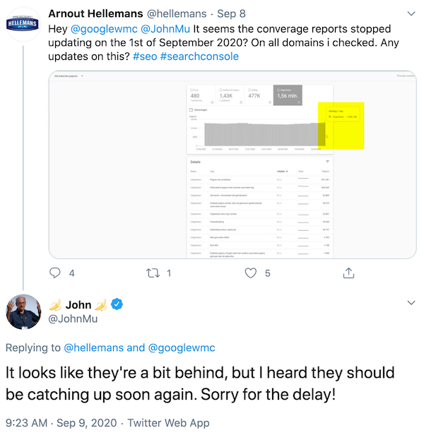 John Mueller explains that the Index Coverage Report is a bit behind on Twitter