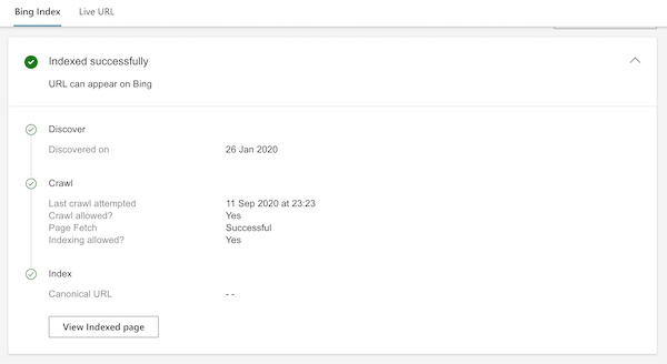 Bing Webmaster URL Inspection Tool provides data about discovery, crawling, and indexing Bing Webmaster URL Inspection Tool provides data about discovery, crawling, and indexing