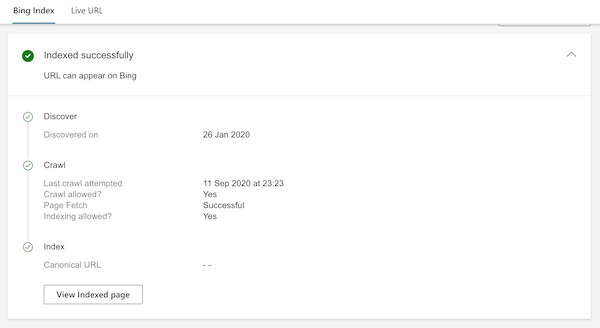 Bing Webmaster URL Inspection Tool provides data about discovery, crawling, and indexing