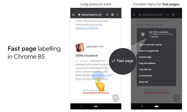 Chrome will label fast pages with a badge Chrome will label fast pages with a badge