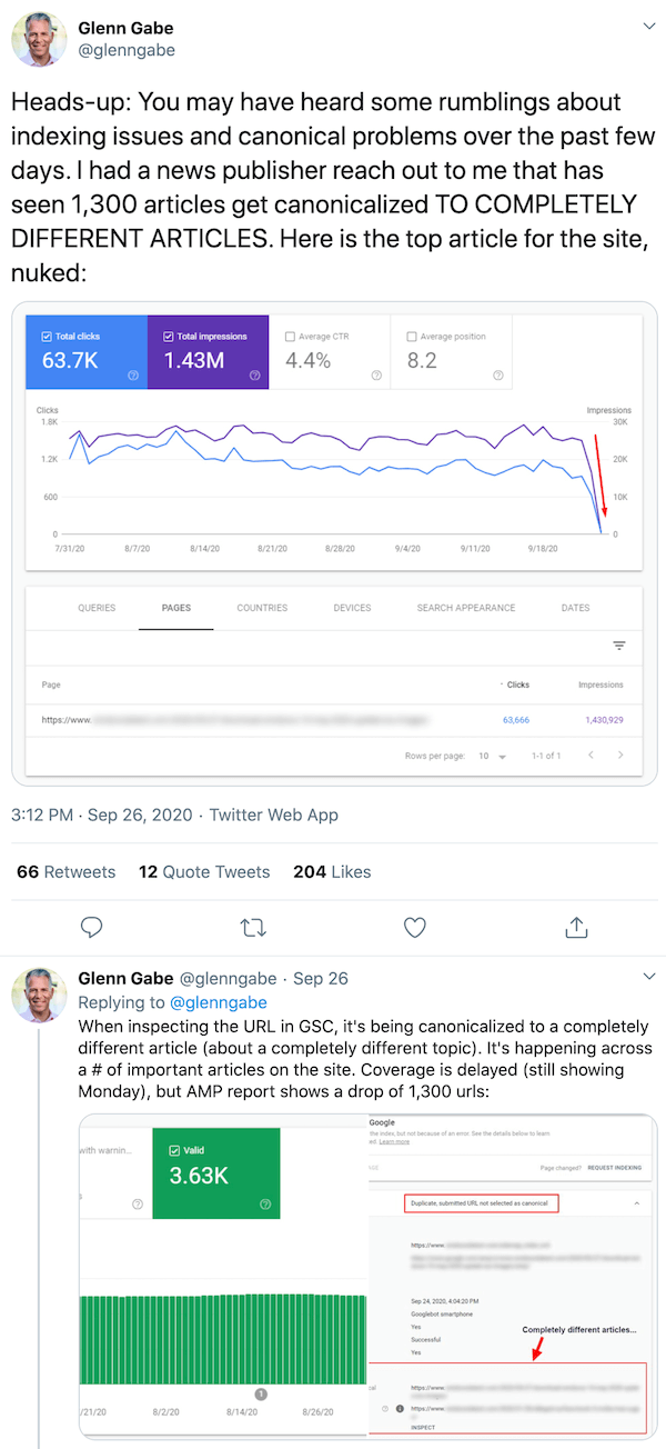 Glenn Gabe reports issues with Google canonicalizing unrelated URLs