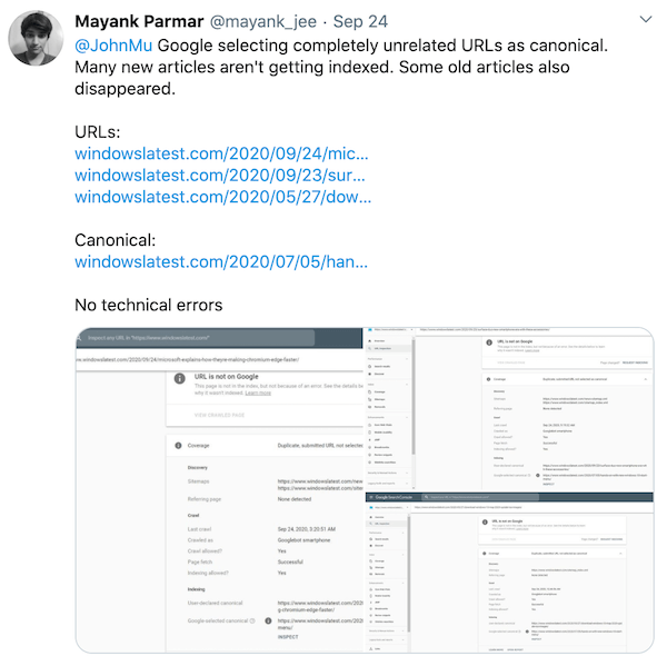 Mayank Pramar reports issues with Google canonicalizing unrelated URLs