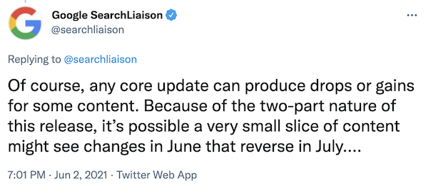 Screenshot of Google June 2021 and July Core Update announcement via Twitter