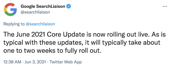 Screenshot of Google June 2021 Core Update announcement via Twitter