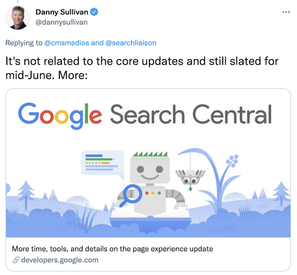 Screenshot of a tweet from Danny Sullivan on page experience