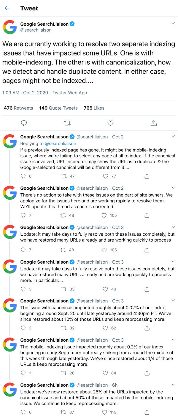 Google confirms two indexing issues on Twitter