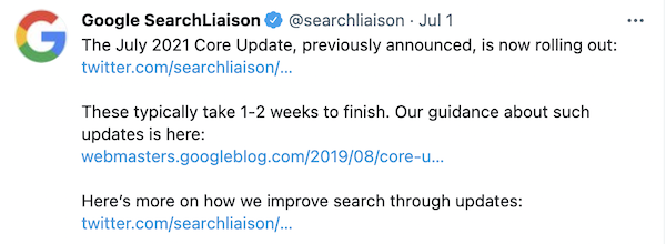 Screenshot of Google July 2021 Core Update completed announcement via Twitter