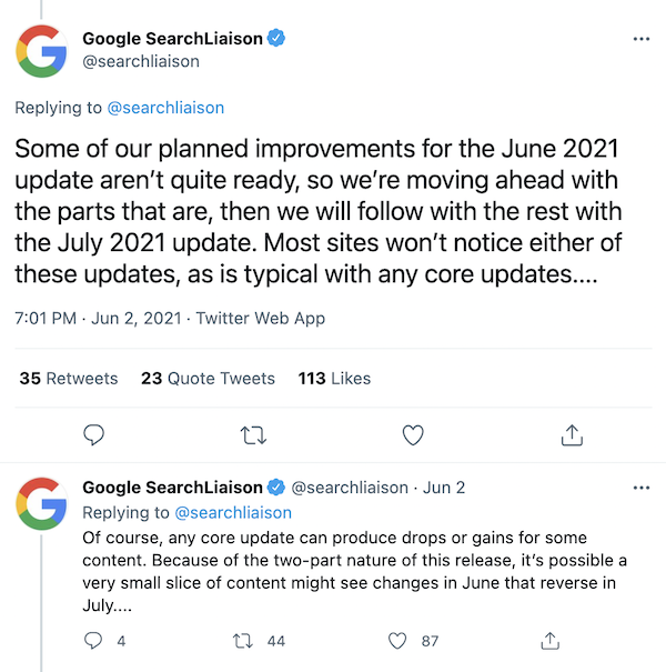 Screenshot of Google June 2021 and July Core Update announcement via Twitter