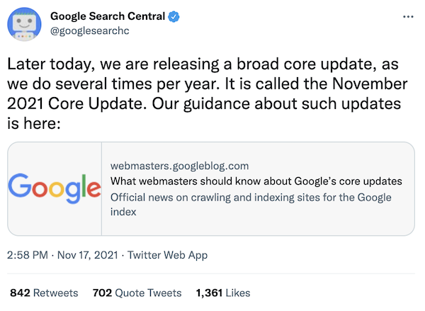 Screenshot of Google November core update announcement