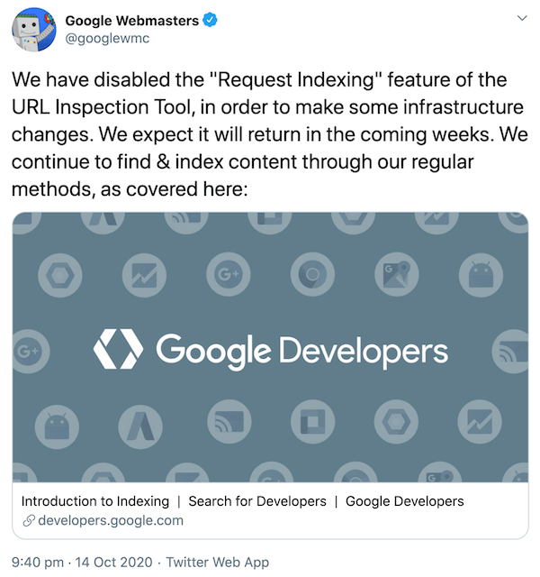 Google announces a temporary removal of Request Indexing feature on Twitter