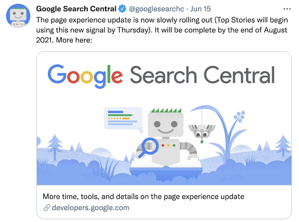Screenshot of Google's page experience update announcement via Twitter