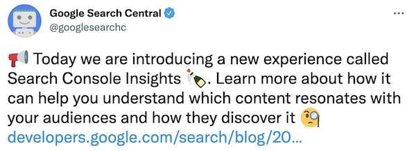 Screenshot of Google's search console insights announcement via Twitter