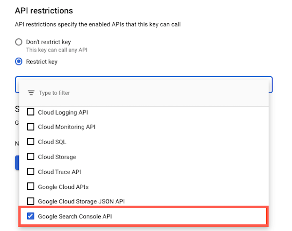If your API restrictions are set to “Restrict key”, the Search Console API box should be checked If your API restrictions are set to “Restrict key”, the Search Console API box should be checked