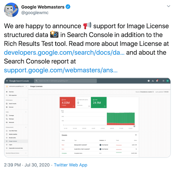 Google Search Console supports Image License data