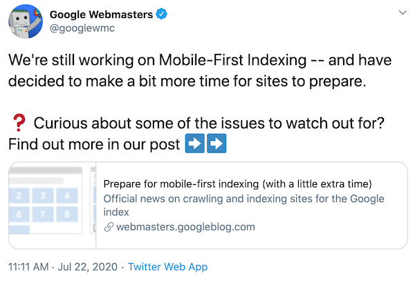 Mobile-first indexing announcement on Twitter by Google Webmasters