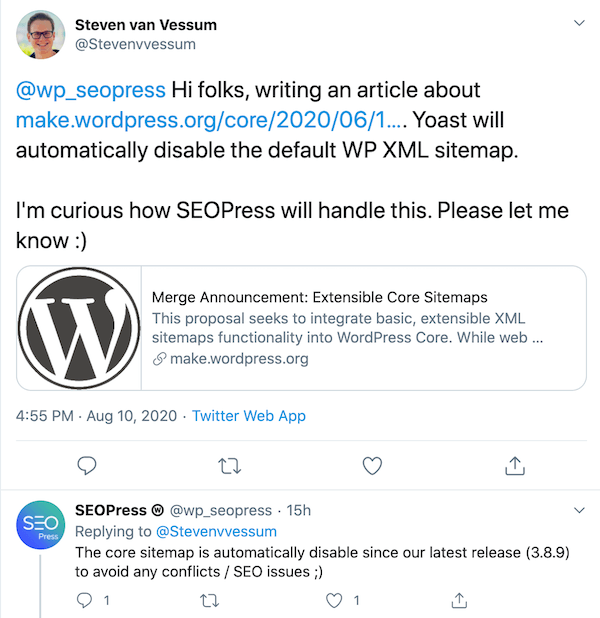 SEO-Press disabled Core Sitemap in their latest release