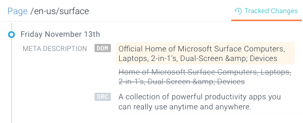 Tracked Changes tab on a Page detail in ContentKing showing how JavaScript code was changing the meta description on the page over time
