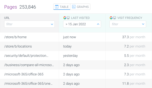 Pages in ContentKing showing when Google last visited an individual page and the visit frequency.