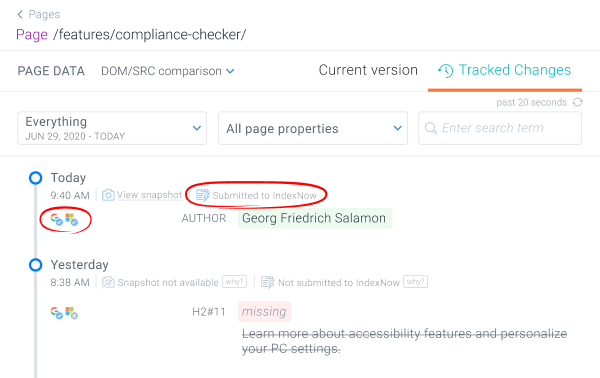 Tracked Changes in ContentKing showing that Google and Bing visited a page that was changed and was submitted to IndexNow.