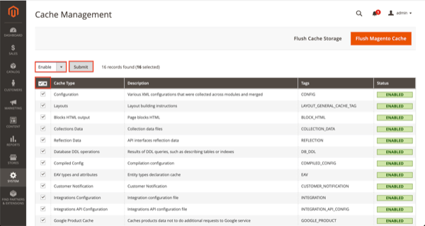 Enable caching in Magento 2. Screenshot of the Cache Management screen in Magento 2