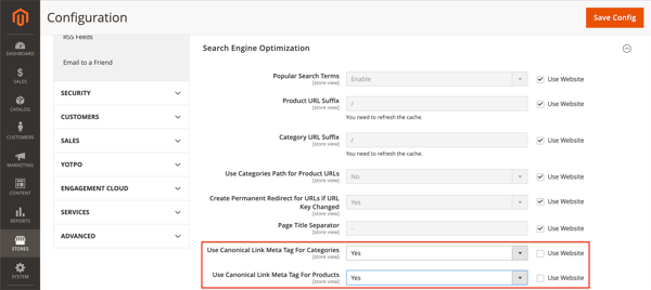 Magento 2 Canonical URL settings. Screenshot of Magento’s canonical URL settings