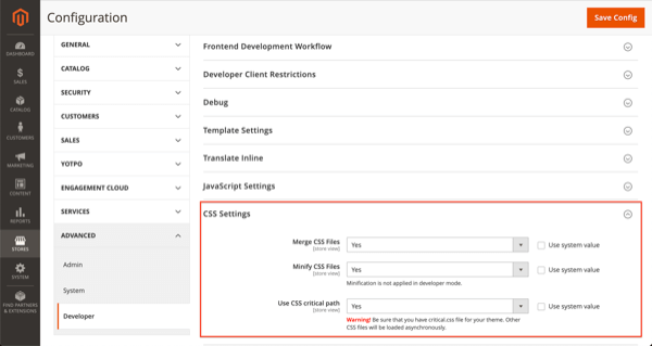 Configure CSS settings in Magento 2. Screenshot of CSS settings in Magento 2