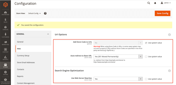 Magento 2 domain URL settings Screenshot of Magento’s domain URL settings