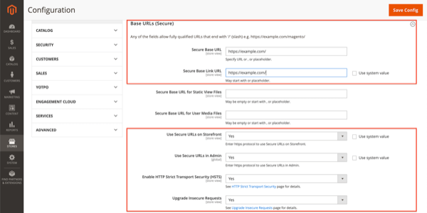 Configure HTTPS settings in Magento 2. Screenshot of HTTPS configuration in Magento 2