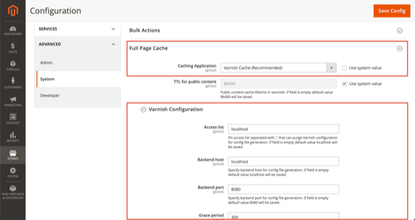 Enable Full Page Caching in Magento 2. Screenshot of Full Page Caching settings in Magento 2