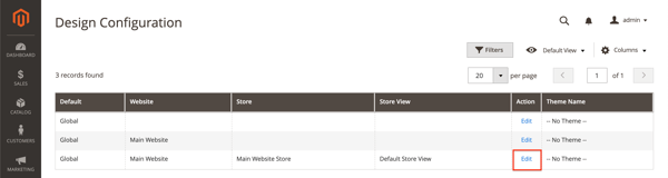 Navigating to the Default Store View homepage’s meta information in Magento 2. Screenshot of the Design Configuration screen in Magento 2