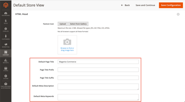 Editing the Default Store View homepage’s meta information in Magento 2. Screenshot of the HTML Head homepage settings in Magento 2