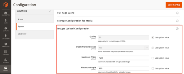 Adjust Image Upload Configuration settings in Magento 2. Screenshot of Image Upload Configuration in Magento 2