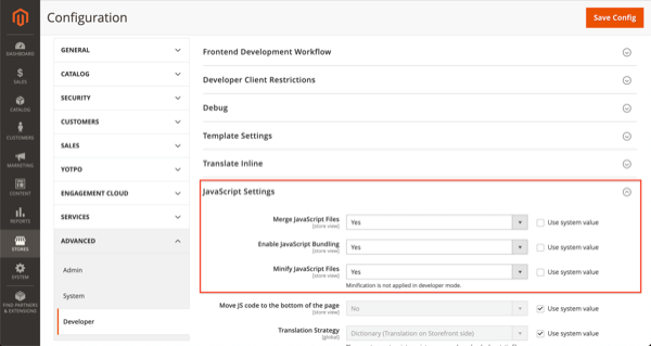 Configure JavaScript settings in Magento 2. Screenshot of JavaScript settings in Magento 2