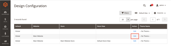 Navigating to the robots.txt settings in Magento 2 Screenshot of the Design Configuration screen in Magento 2