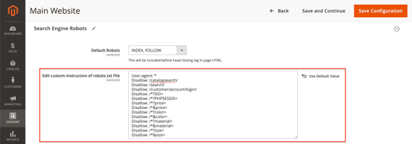 Adjusting the robots.txt instructions in Magento 2. Screenshot of the robots.txt instructions field in Magento 2
