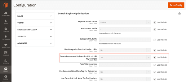 Magento’s settings on automatically redirecting URLs when their key changes. Screenshot of Magento’s settings on redirection when URL keys change.
