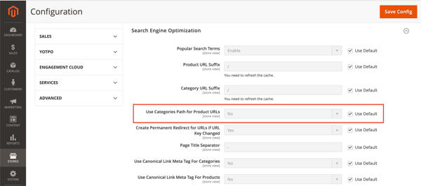 Screenshot of Magento’s settings on using category keys in product URLs