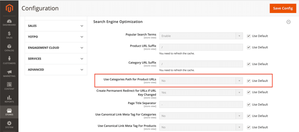 Magento 2 settings for using category keys in product URLs Screenshot of Magento’s settings on using category keys in product URLs