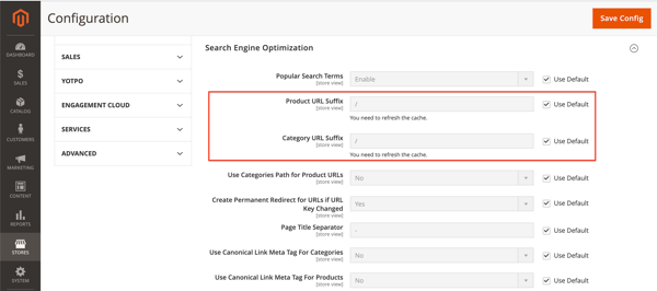 Screenshot of Magento’s URL suffix settings