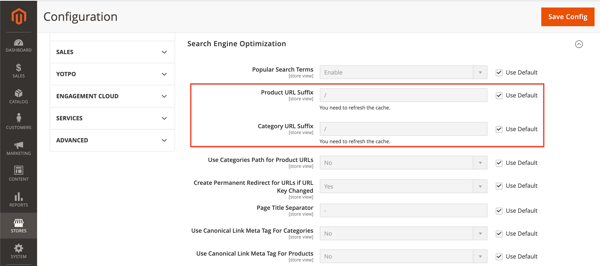Magento 2 URL suffix settings. Screenshot of Magento’s URL suffix settings