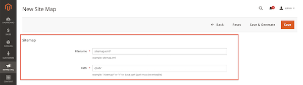 Configuring the filename and location of the XML Sitemap in Magento 2 Screenshot of the XML Sitemap filename and location settings in Magento 2