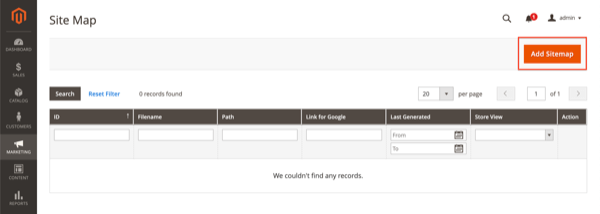 Adding the XML Sitemap to the Magento store. Screenshot of the XML Sitemap overview Magento 2
