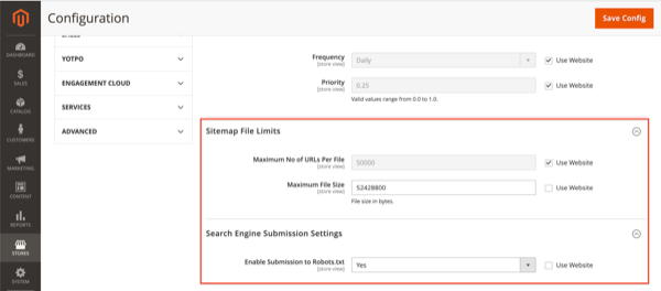 Editing the XML Sitemap file limit and robots.txt settings in Magento 2. Screenshot of the XML sitemap file limit and robots.txt settings in Magento 2