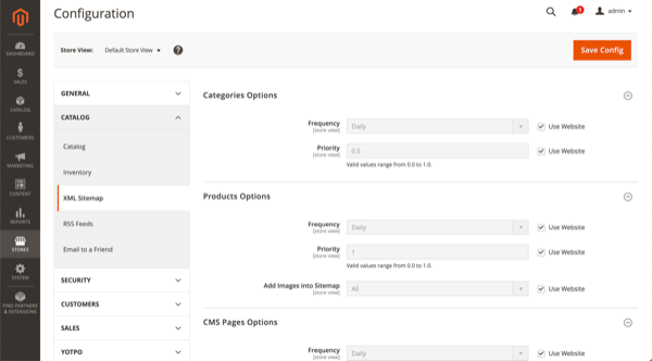 Editing the XML Sitemap settings for categories, products and CMS pages in Magento 2. Screenshot of the XML sitemap settings for categories, products and CMS pages in Magento 2