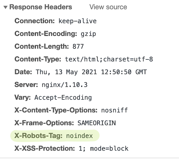 Screenshot of Google Web Inspector HTTP Response that includes X-Robots-Tag noindex