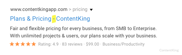 An example of meta title separator used for ContentKing An example of meta title separator used for ContentKing